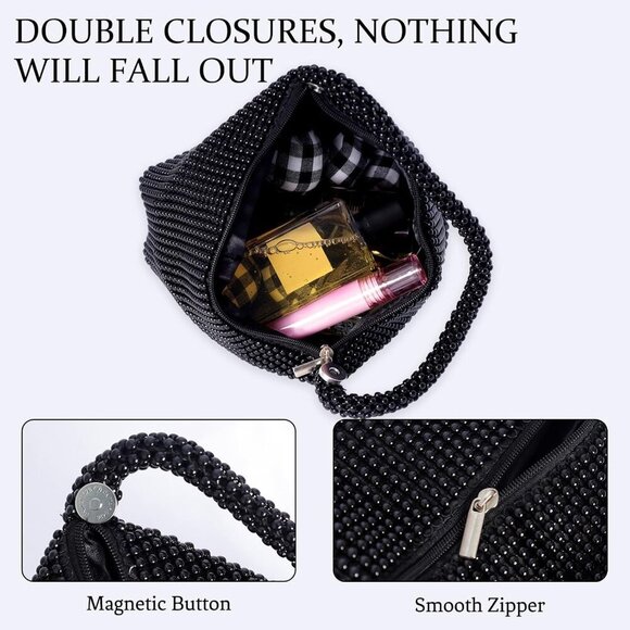 🆕Women Black Polyester Beaded Clutch Purse Vintage Triangle Bag  Prom Wedding - Picture 3 of 7